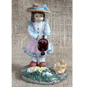 Vintage K’s Collection Garden Girl w Orange Tabby Cat Resin Figurine Cottagecore